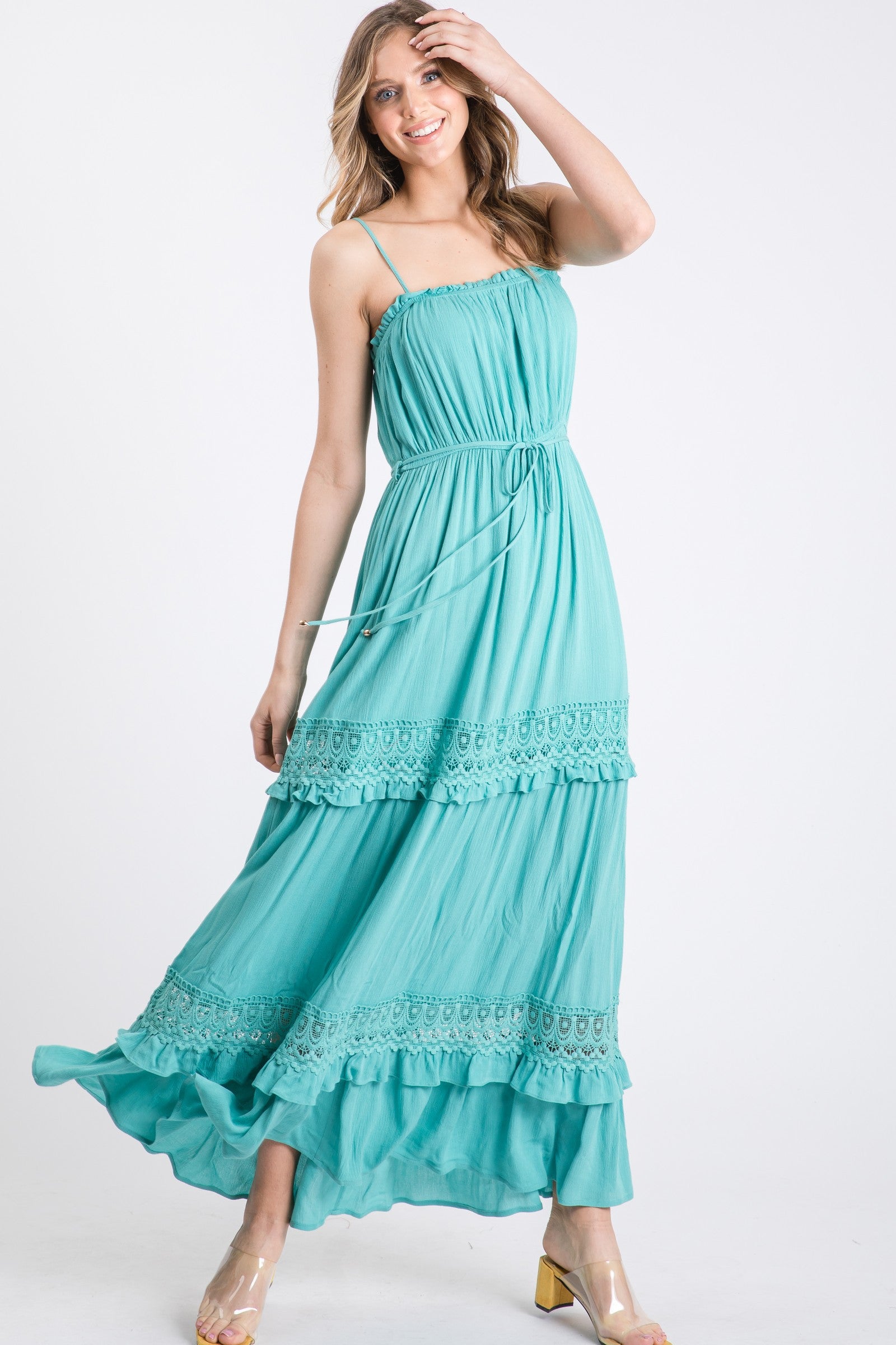 Crochet Lace Maxi Dress L / Turquoise