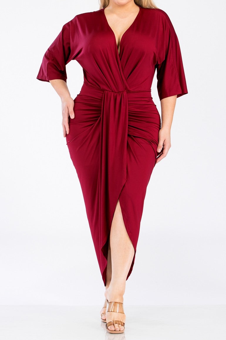 Plus Size V-Neck Ruched Bodycon Dress 3X / Burgundy Plus Size V-Neck Ruched Bodycon Dress 3X / Burgundy