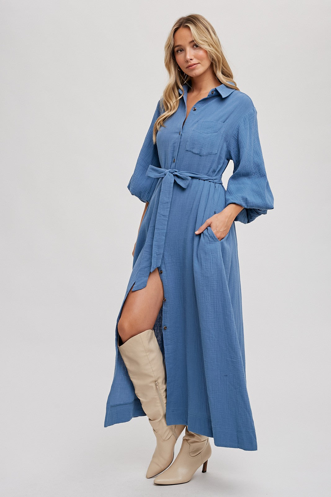Bubble Sleeve Button-Down Midi Dress  Dominique Nicole Boutique