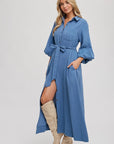 Bubble Sleeve Button-Down Midi Dress