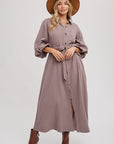Bubble Sleeve Button-Down Midi Dress