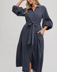 Bubble Sleeve Button-Down Midi Dress