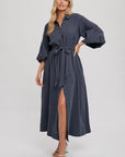 Bubble Sleeve Button-Down Midi Dress