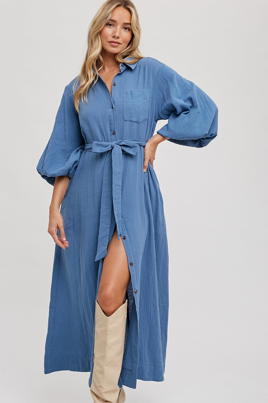 Bubble Sleeve Button-Down Midi Dress Dominique Nicole Boutique Bubble Sleeve Button-Down Midi Dress Dominique Nicole Boutique