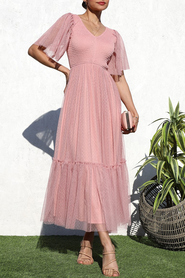 Ruffled Mesh Midi Dress S / Midnight Blue