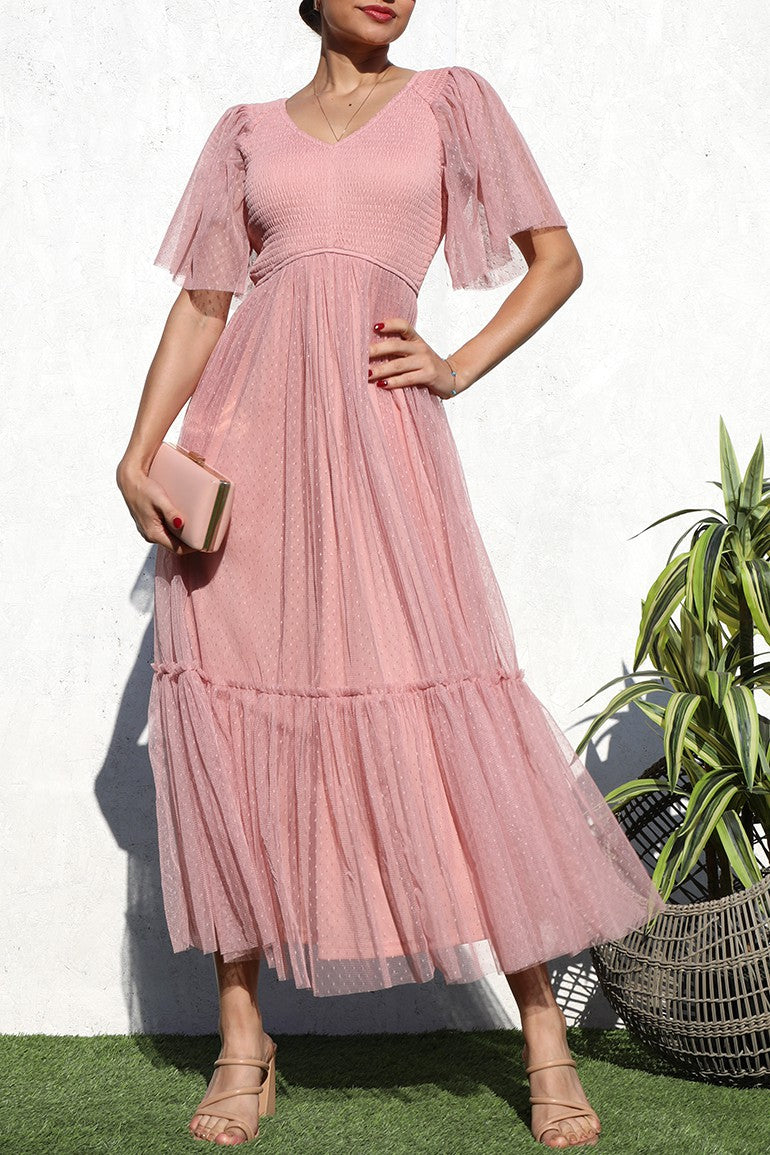 dominique midi dress Ruffled Mesh Midi Dress M / Blush