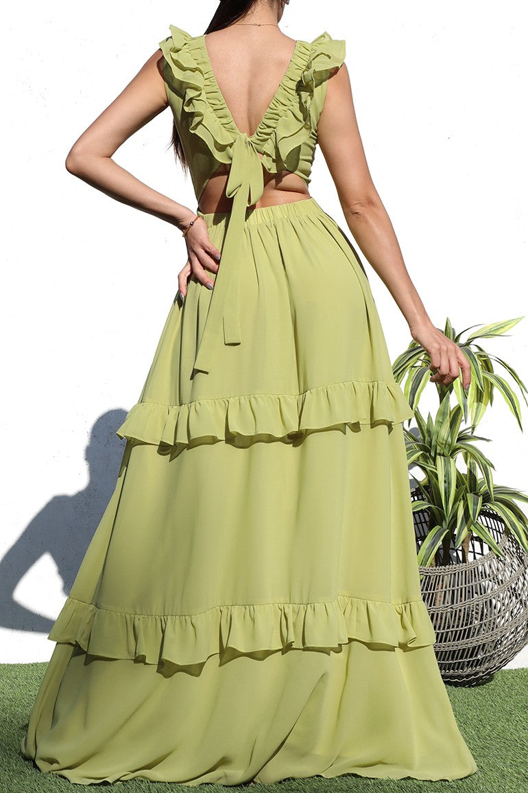 green emerald velvet dress Ruffled V-Neck Maxi Dress S / Orchid