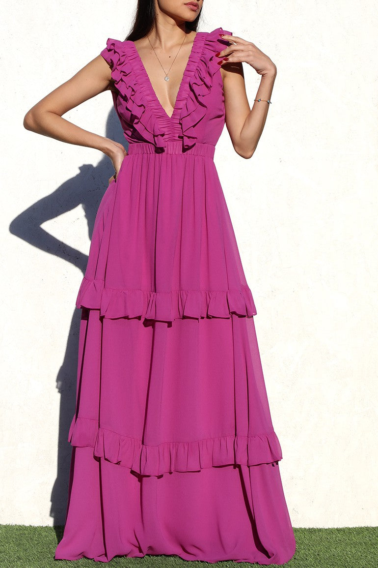 Luxe Ruffled V-Neck Maxi Dress