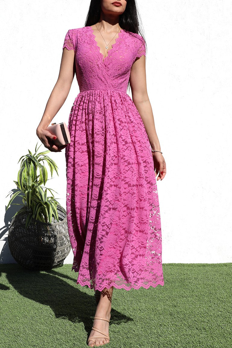 V-Neck Lace Midi Dress – Dominique Nicole Boutique