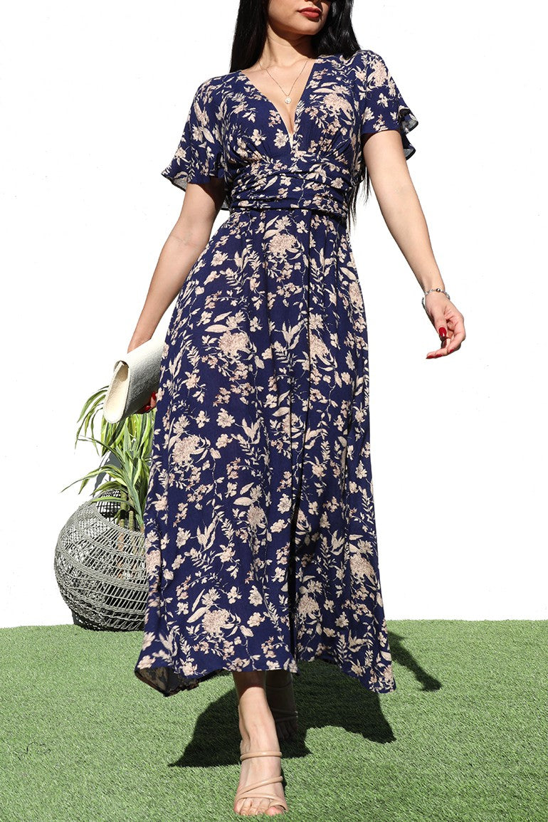 v neck flutter sleeve midi dress Ruimatai Women's Plus Size V Neck Midi Dress Flutter Sleeve Elastic Waist with Pockets for Elegant Formal Style, Size: Medium, Brown