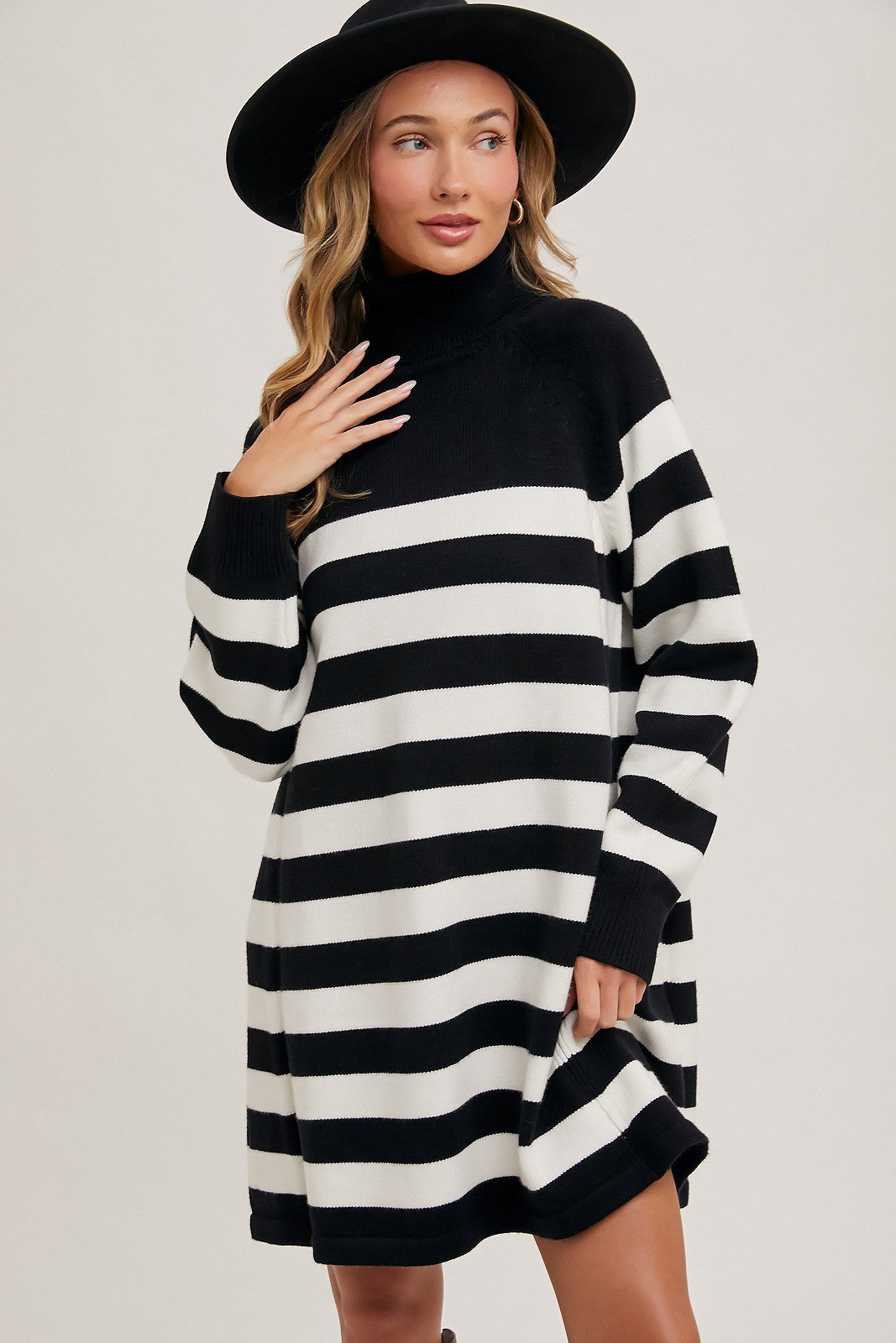 Striped Turtleneck Mini Knit Dress（ワンピース）｜Her lip to