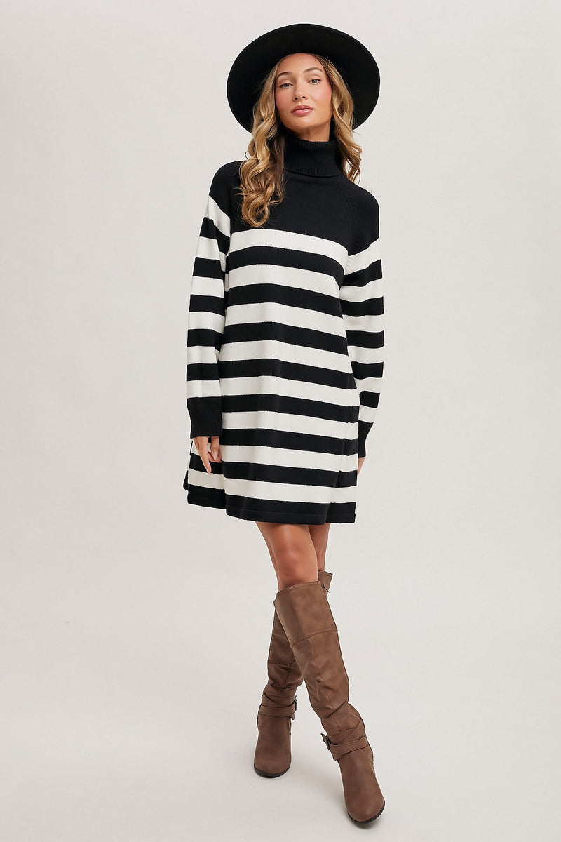 【新品】Striped Turtleneck Mini Knit Dress Turtleneck Stripe Knitted Mini Dress For Daily Casual Coffee