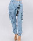 High Waist Denim Joggers w Utility Pockets