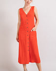 V-Neck Button Down Midi Dress