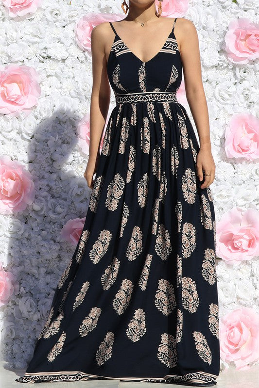 Open Back Printed Maxi Dress M / Navy Open Back Printed Maxi Dress M / Navy