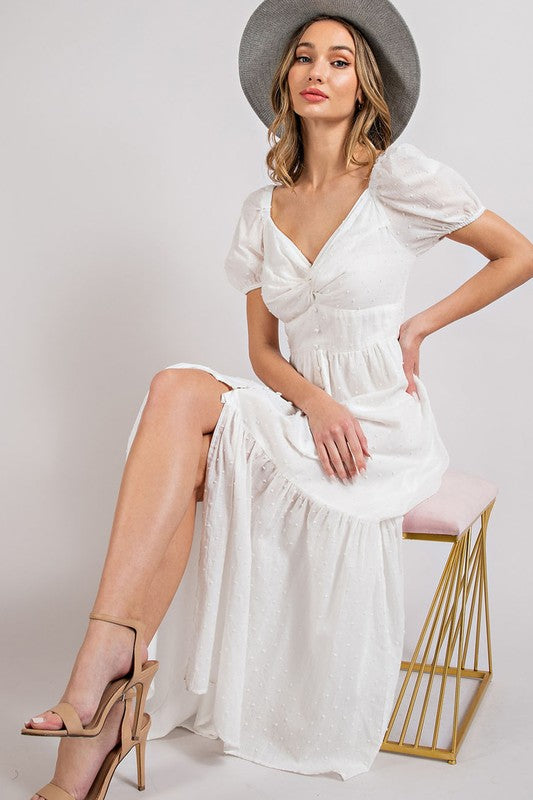 white puff sleeve maxi dress Shirt with Sleeves Smocked waistband for easy on and off Puff Short Sleeve Maxi Dress