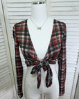 Front Tied Long Sleeve Plaid Knit Top