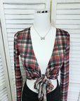 Front Tied Long Sleeve Plaid Knit Top