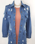 Long Destroyed Denim Jacket with Four Pockets