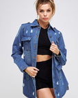 Long Destroyed Denim Jacket with Four Pockets