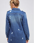 Long Destroyed Denim Jacket with Four Pockets