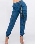 High Waist Denim Joggers w Utility Pockets