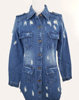Long Destroyed Denim Jacket with Four Pockets