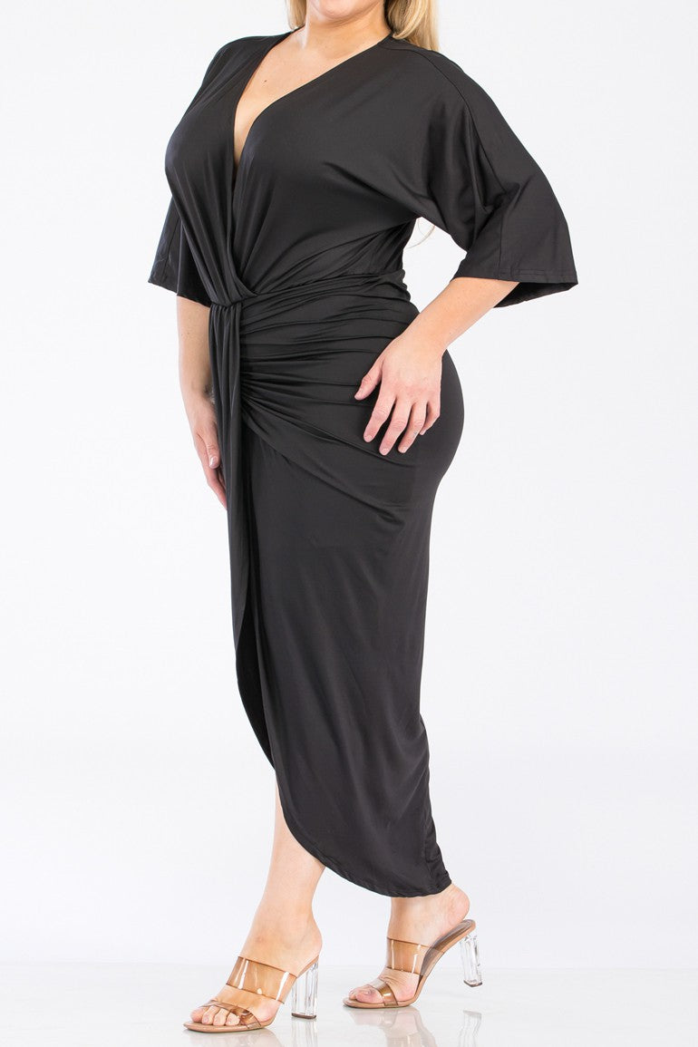Plus Size V-Neck Ruched Bodycon Dress