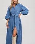 Bubble Sleeve Button-Down Midi Dress