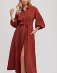 Bubble Sleeve Button-Down Midi Dress