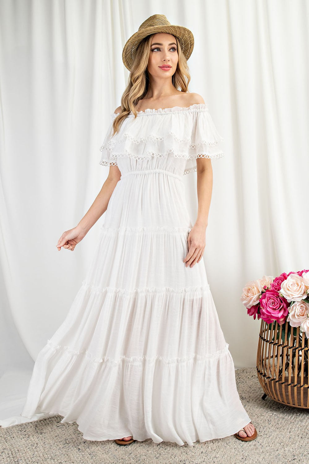 off shoulder ruffle maxi dress Tropical Dreamsicle Enamored Off the Shoulder Ruffle Dress WHITE-ORANGE / XS by Sugarlips