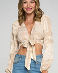 Tie Front Long Sleeve Crop Top