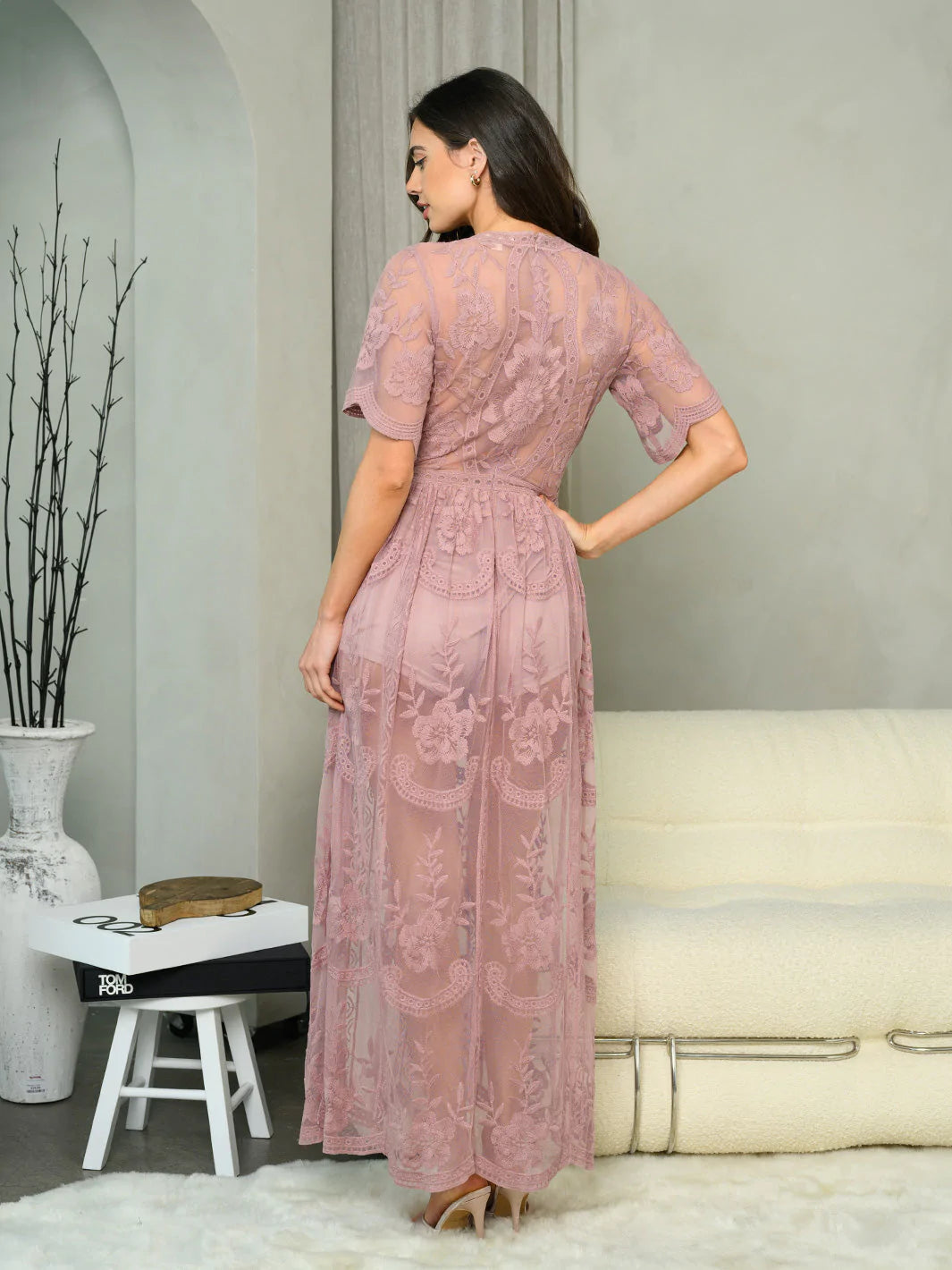 Short sleeve Lace Overlay Maxi Dress