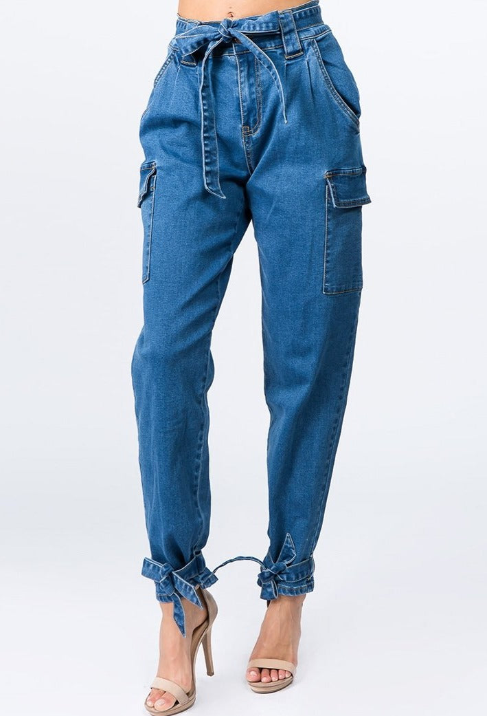 Denim Joggers with Ankle Tie