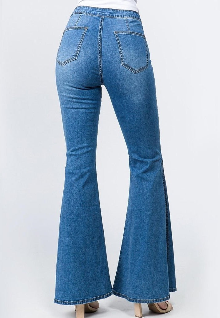 High Waist Bell Bottom Slit  Denim Jeans