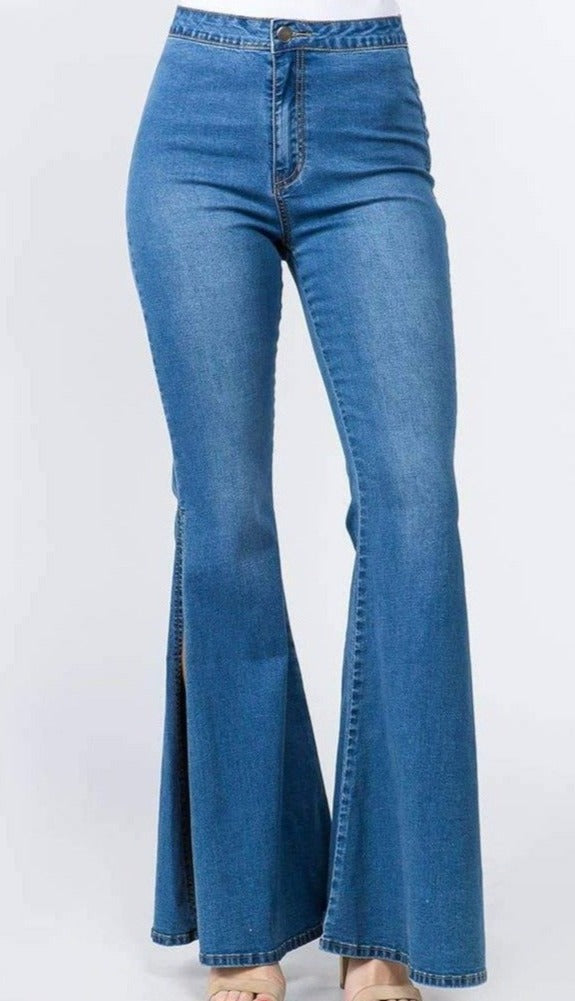 High Waist Bell Bottom Slit Denim Jeans – Dominique Nicole Boutique