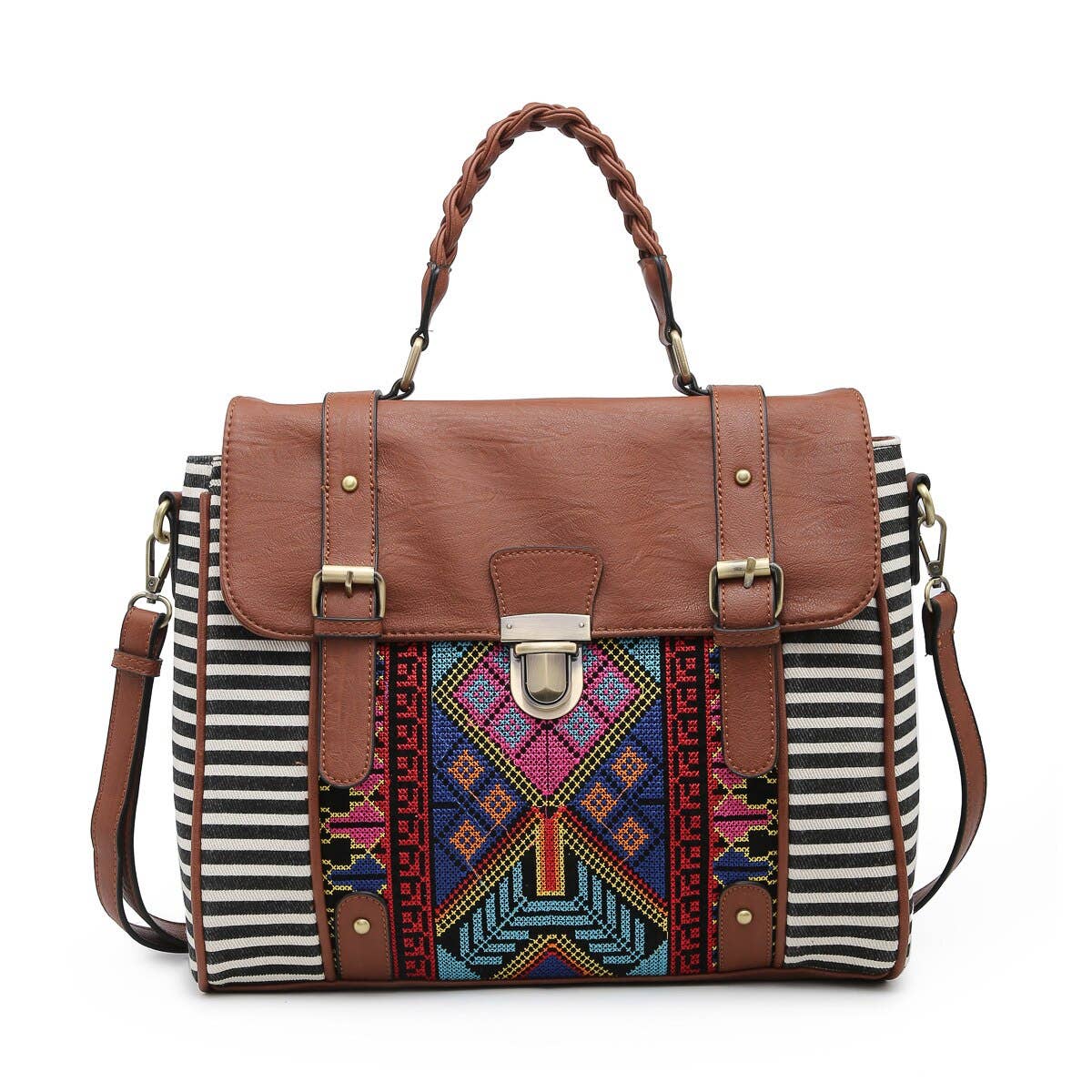 Aztec Embroidered Satchel w/ Braided Handle